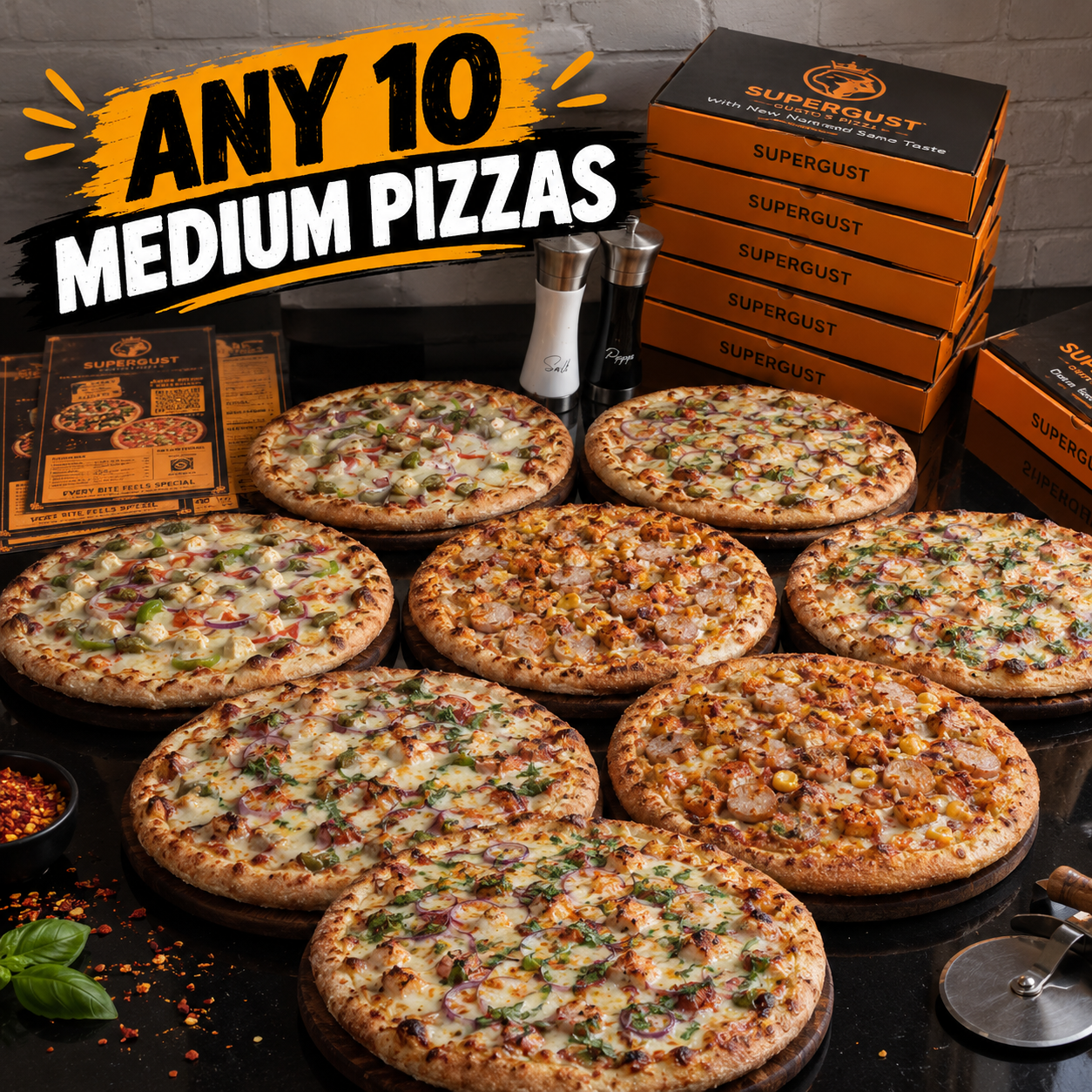 Any 10 Medium Pizzas